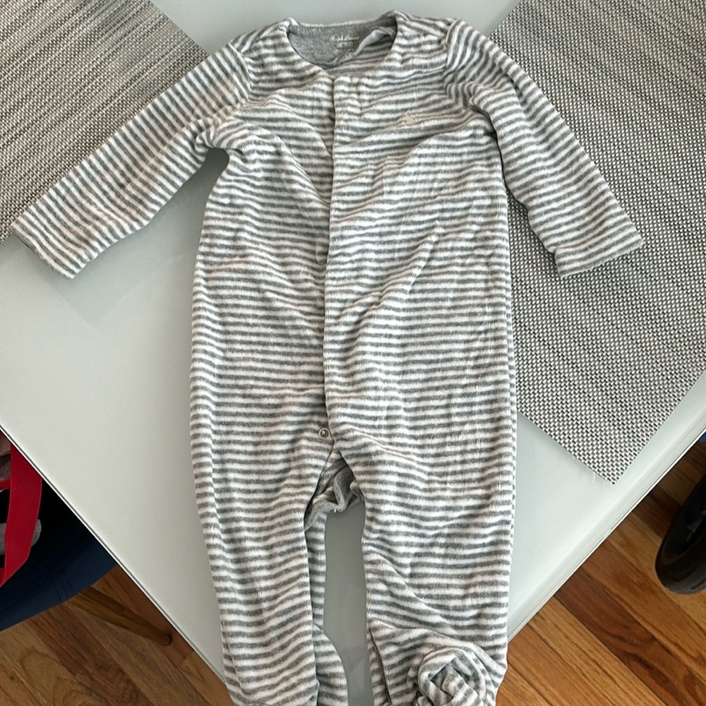 Ralph Lauren striped gray and white velour footed baby onesie pajama 6M